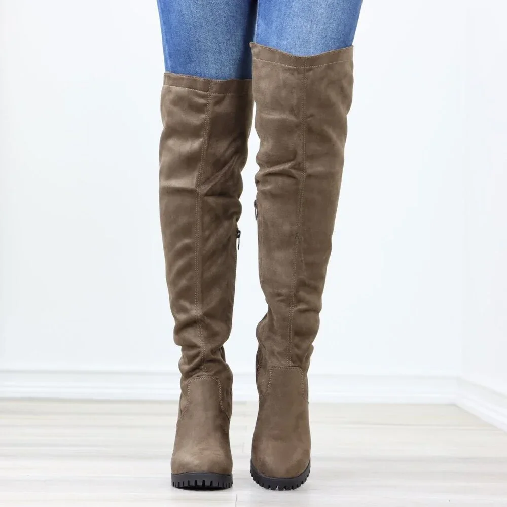 Taupe Over Knee Boots Suede Chunky Heel Lace Up Back Zip Rugged Sole